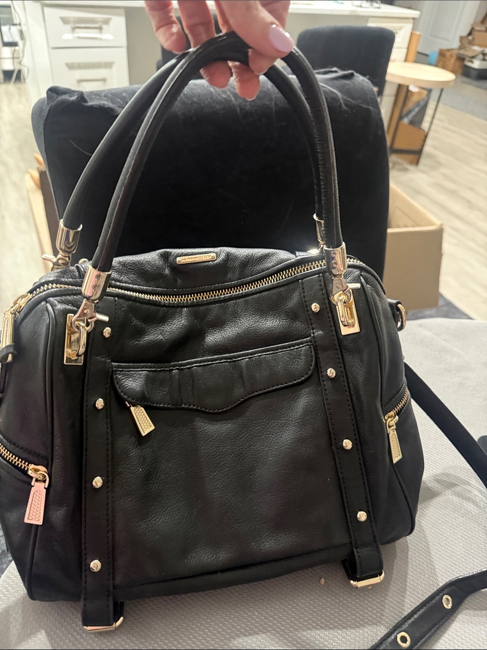 Rebecca Minkoff Black Leather Satchel with Gold Hardware and Studs - Picture 8 of 8